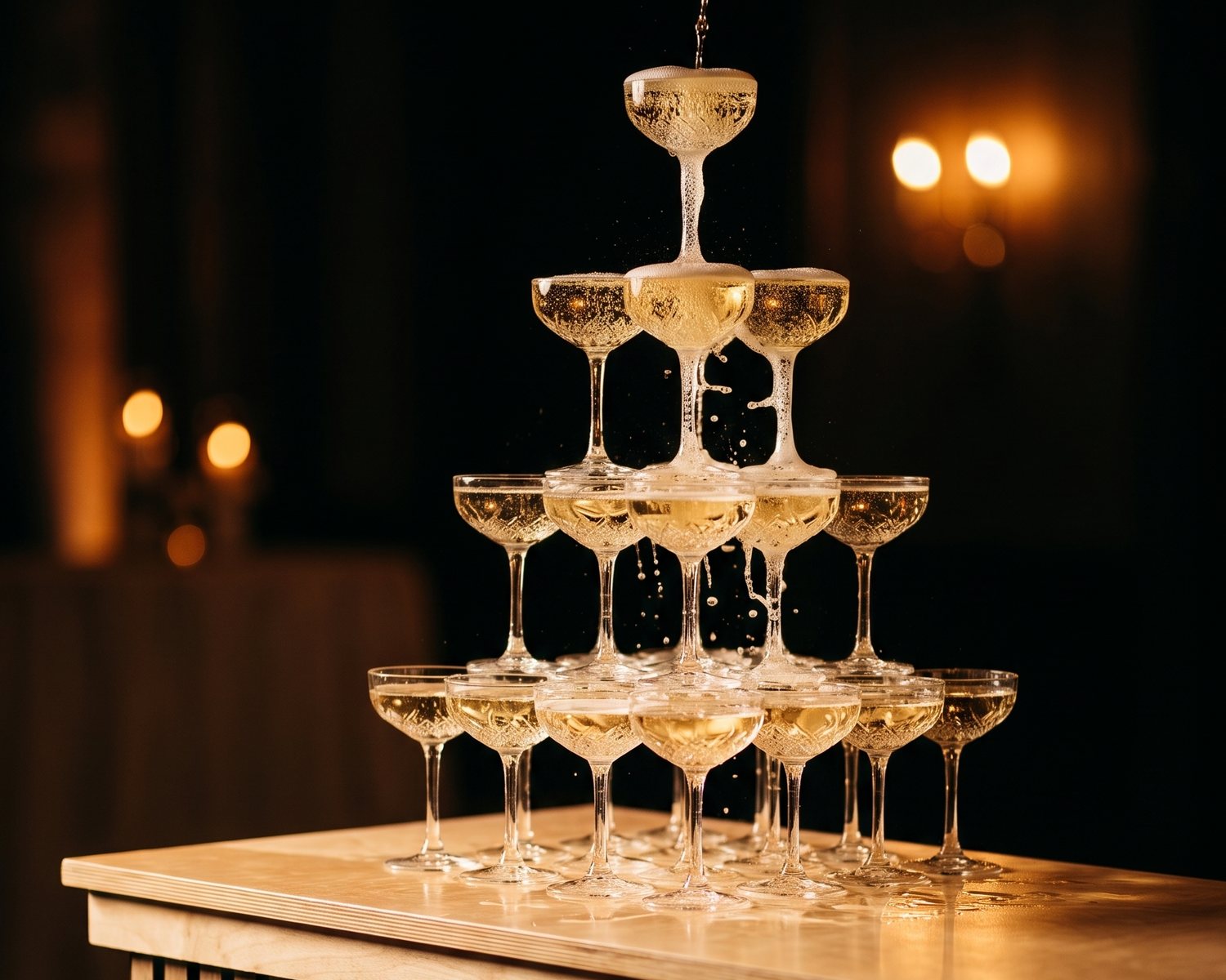 A champagne tower of crystal coupes with champagne pouring down