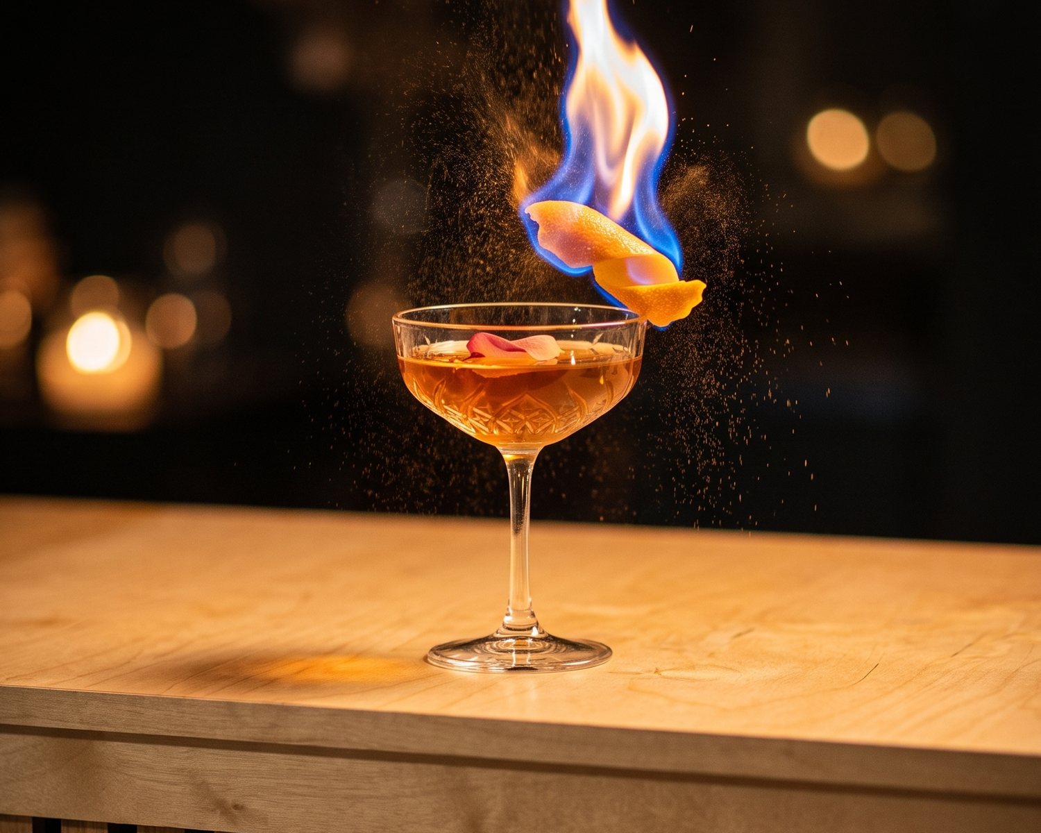 A cocktail in a coupe with a flamed orange peel burning above it