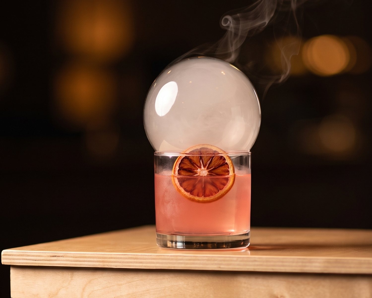 A pink cocktail under a smoke-filled bubble with a blood orange garnish